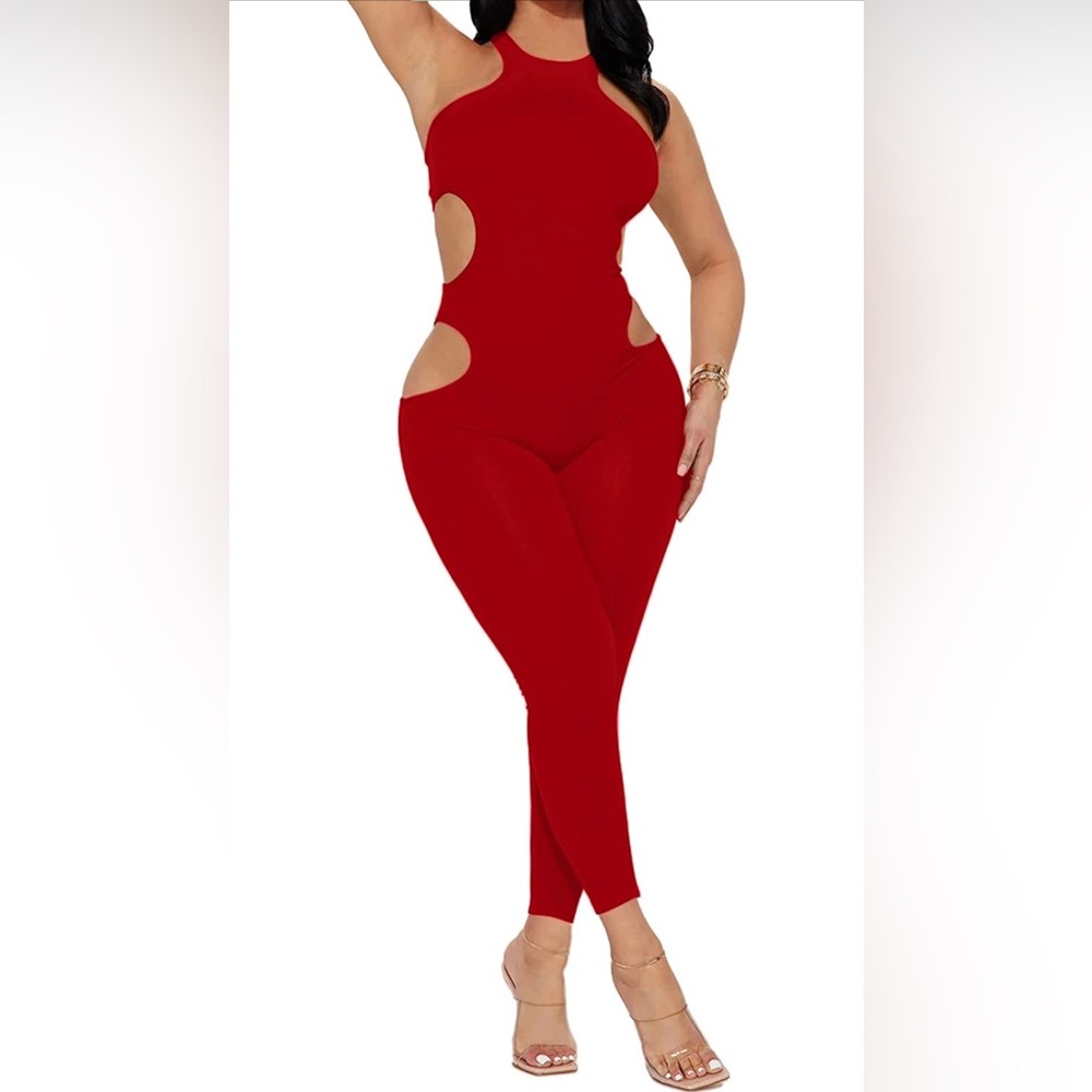 Ekaliy Bodycon Bodysuit Women Halter Top Jumpsuit Cutout One Piece XXL Red